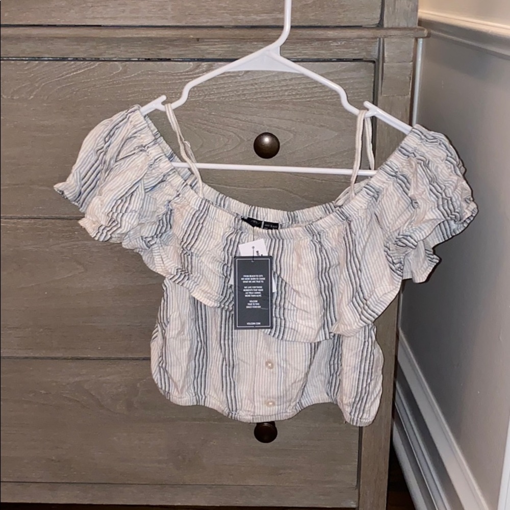 Cropped stripped off the shoulder top.